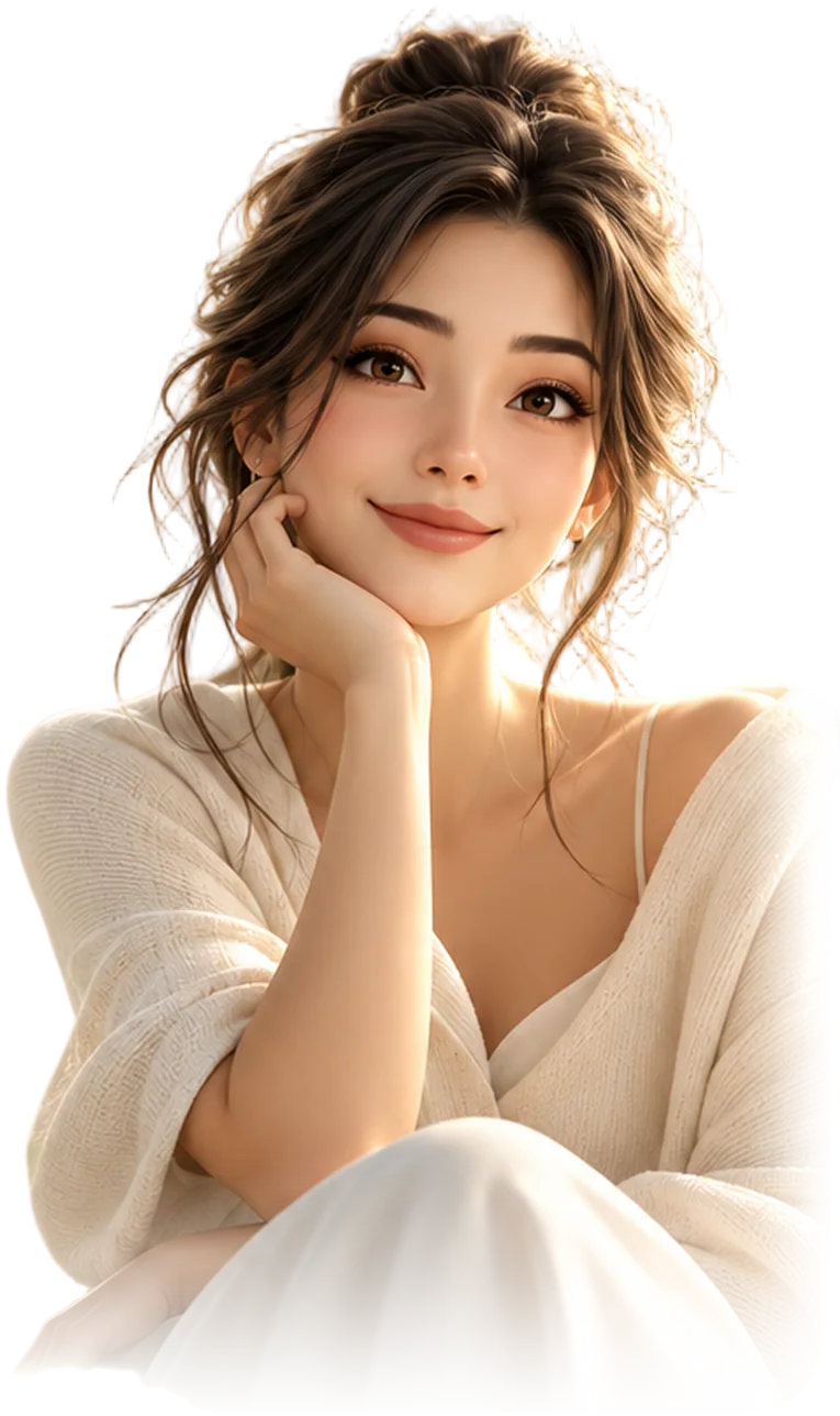 Maii, smiling, drawn in an illustrated style